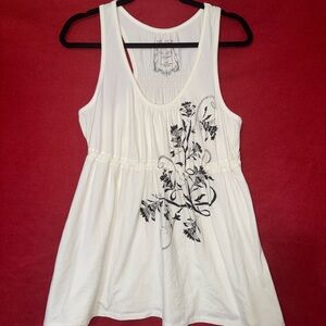 Cacique White Tank Top with Black Floral Design